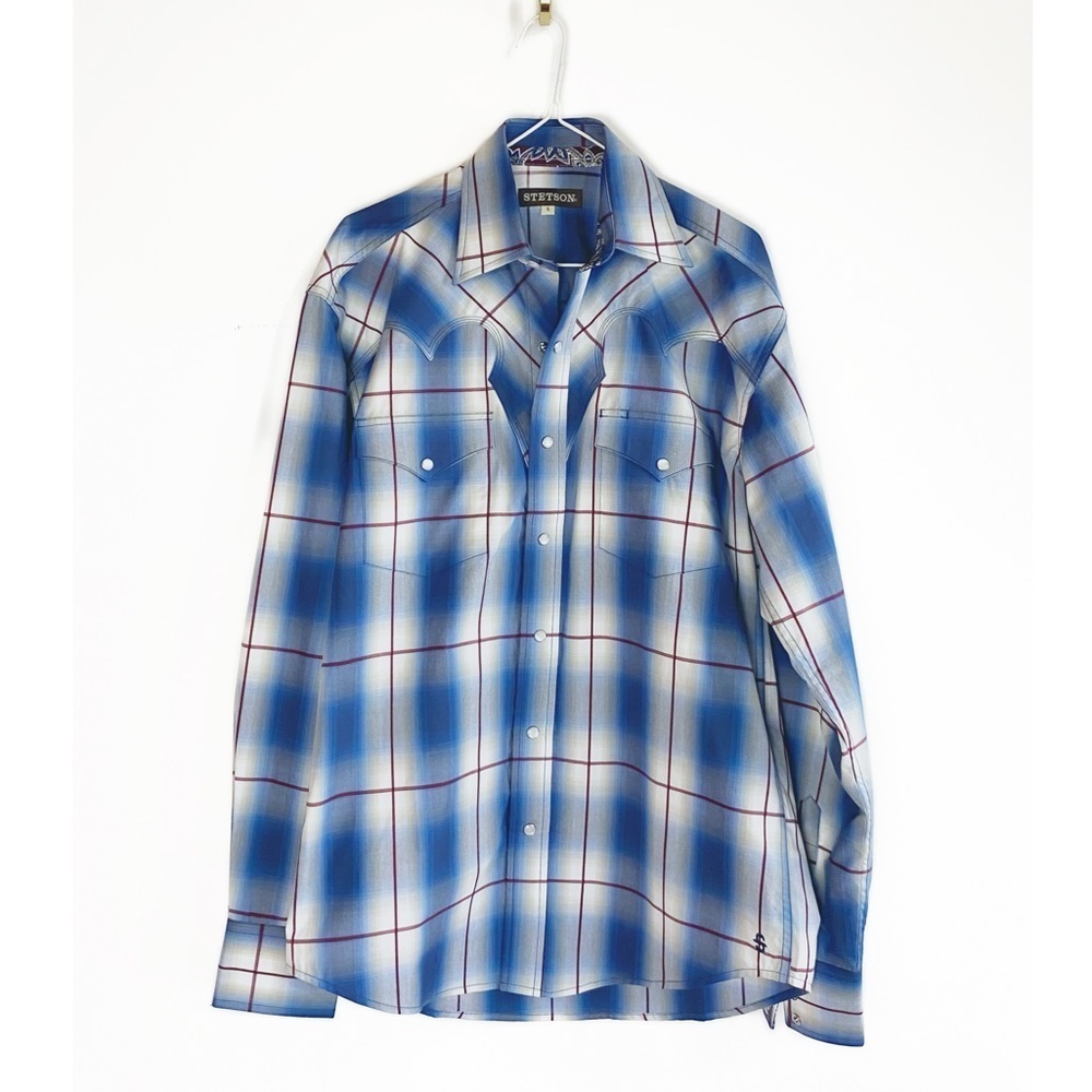 Stetson NWT Steel Blue Ombre Plaid Western Shirt Mens size S